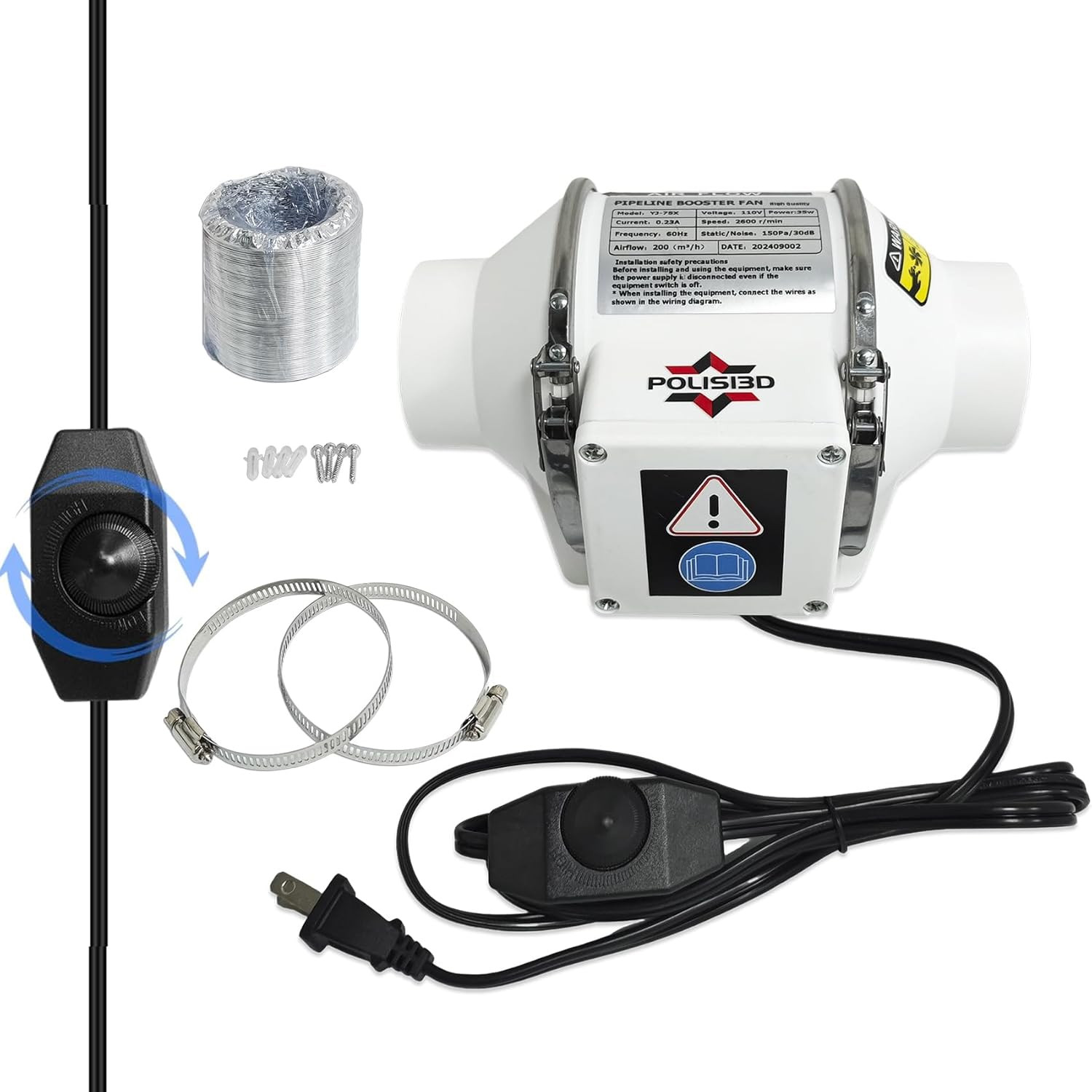 Powerful 3 Inch Inline Duct Ventilation Fan AC Vent Blower Exhaust Fan W/ 1.5M P