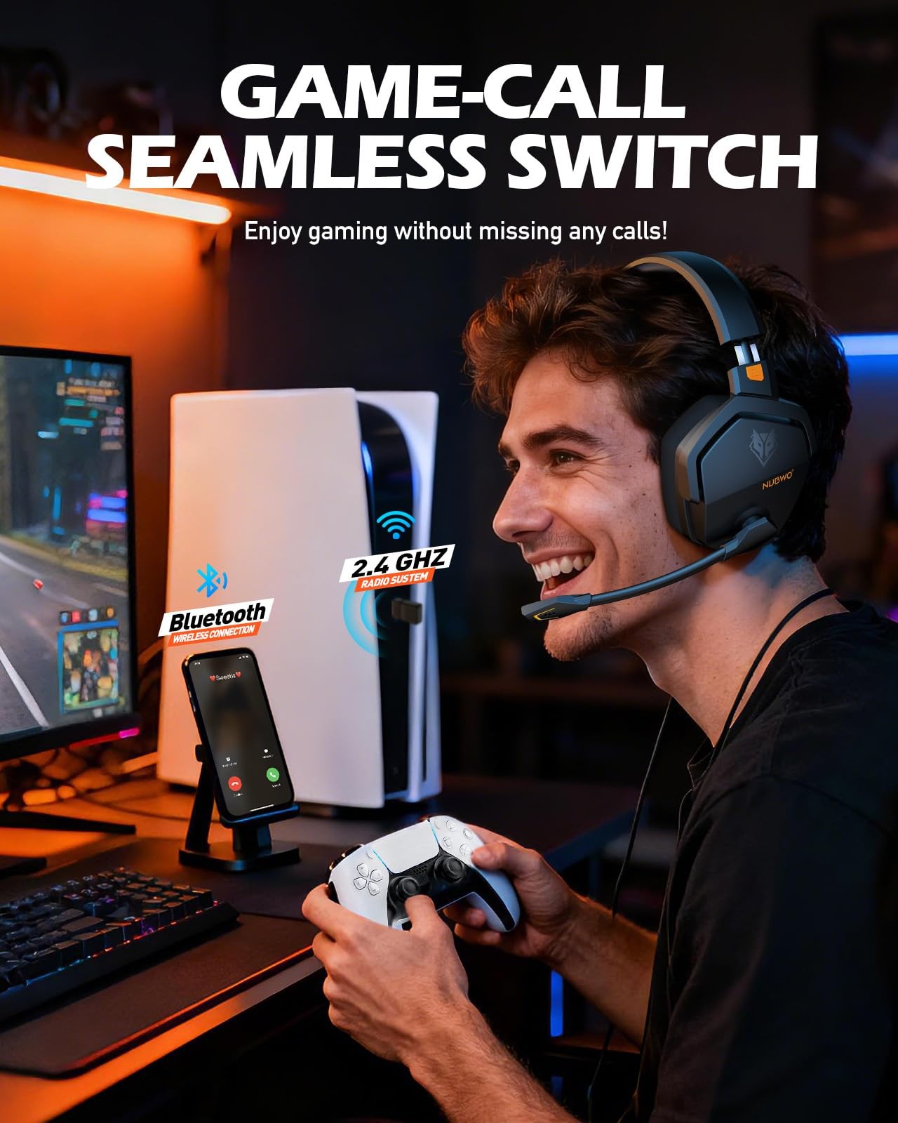 NUBWO Wireless Gaming Headset with Mic for Ps5 Ps4 PC, Zero Larger, Orange