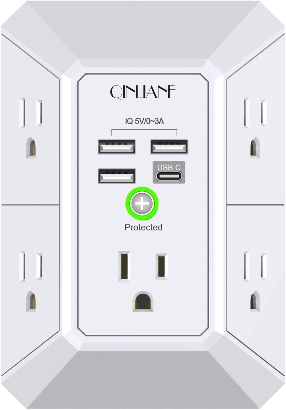 Wall Charger, Surge Protector,  5 Outlet Extender with 4 USB Charging Ports, 3-S