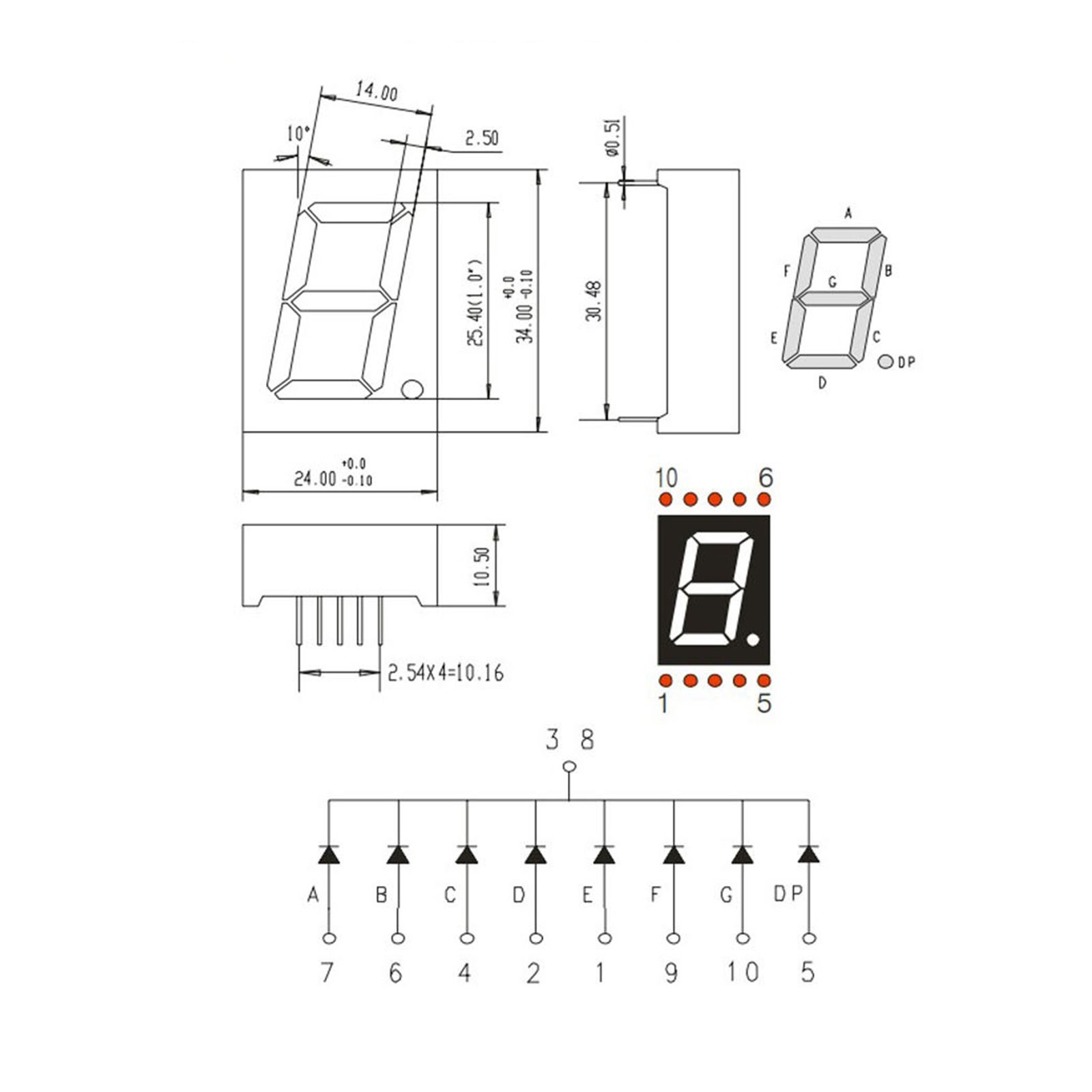 5Pcs Common Cathode 7Segment 10Pin 1Bit 3.3V 1" LED Display Green