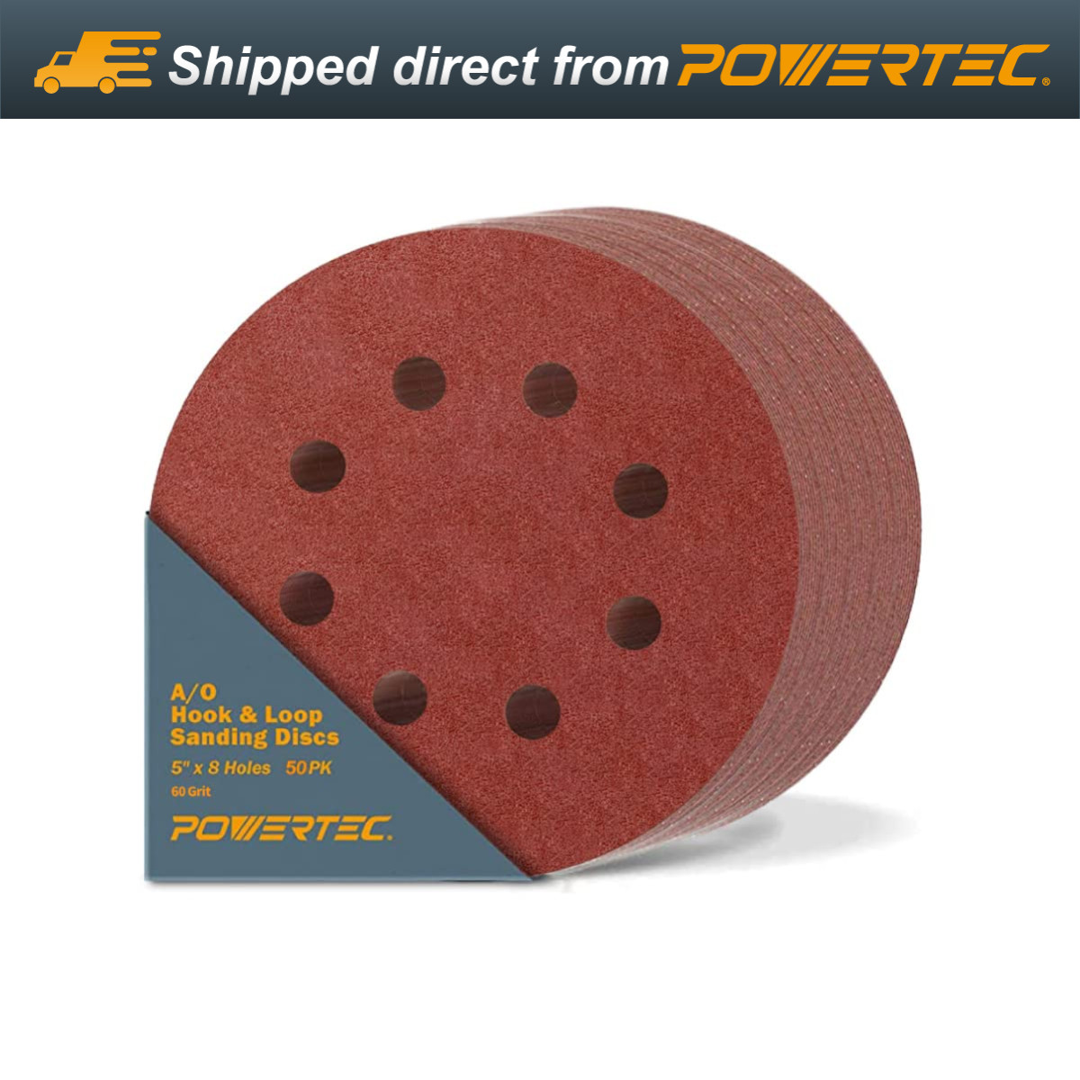 POWERTEC 45006-P2 5 Inch 8 Hole Hook and Loop Sanding Discs, 60 Grit, 50 PK