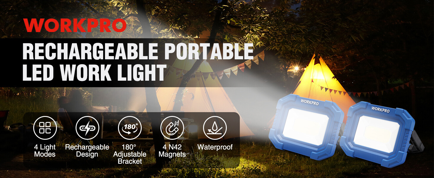WORKPRO LED Work Light Rechargeable Magnetic with Stand 2 Pack 4Modes 2000LM COB