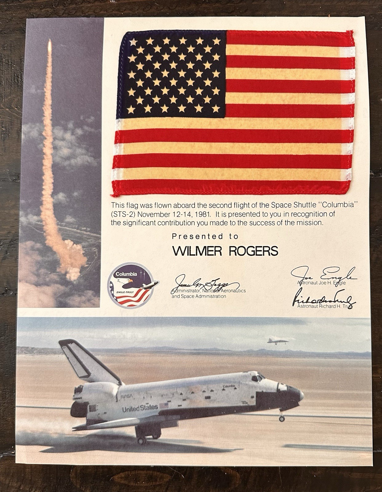 Space Shuttle Columbia STS 2 Flown American Flag 1981 Pre-owned