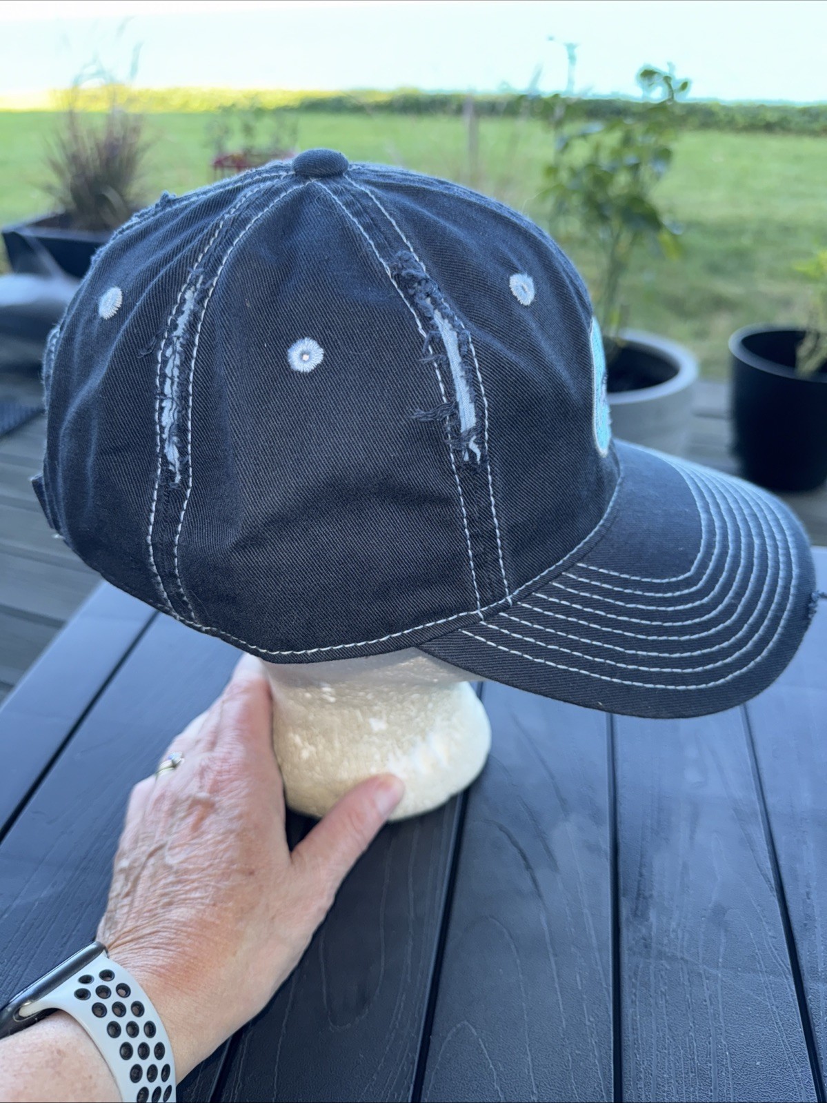 Clear H2O Tackle Aqua Patch Logo on Navy Distressed Hat Cap Top Stitch Hook Loop