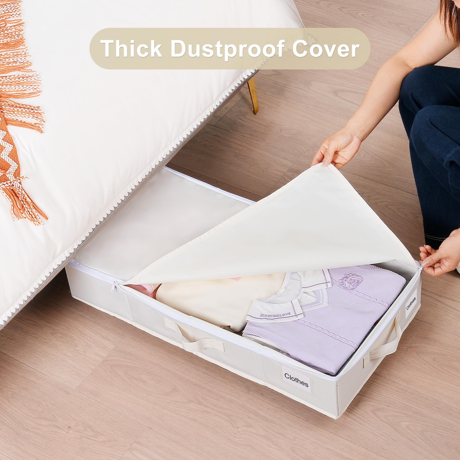 Underbed Organizer With Wheels, 2 Pack Storage Bins For Blankets, Beige