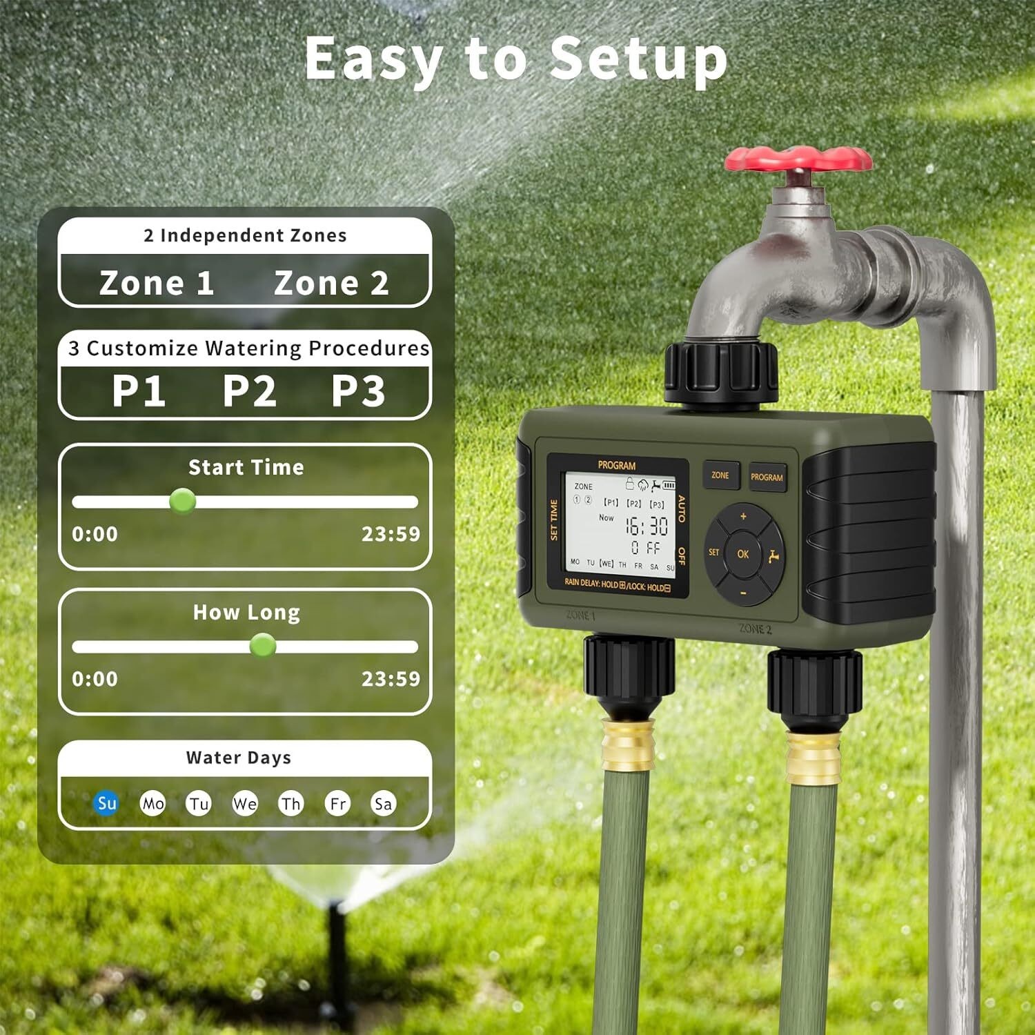 Sprinkler Timer 2 Zone Water Timer Outdoor Irrigation with Rain Delay for Garden