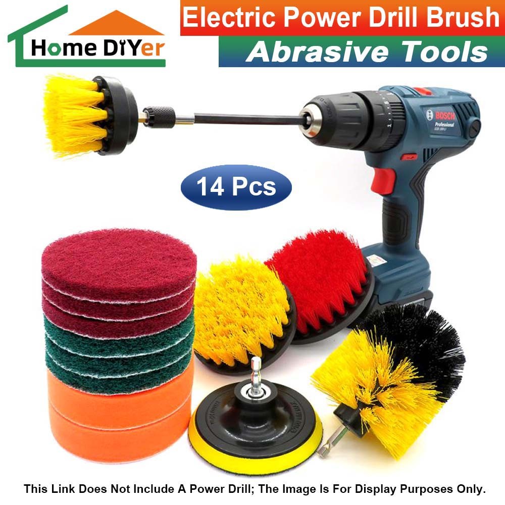 14pc Drill Cleaning Brush Set Power Drill Attachment Grout Tile Scrub Yellow+Red