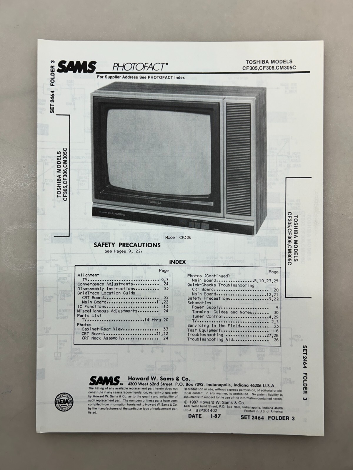 Toshiba CF305 CF306 CM305C Service Manual Sams Photofact Free Shipping