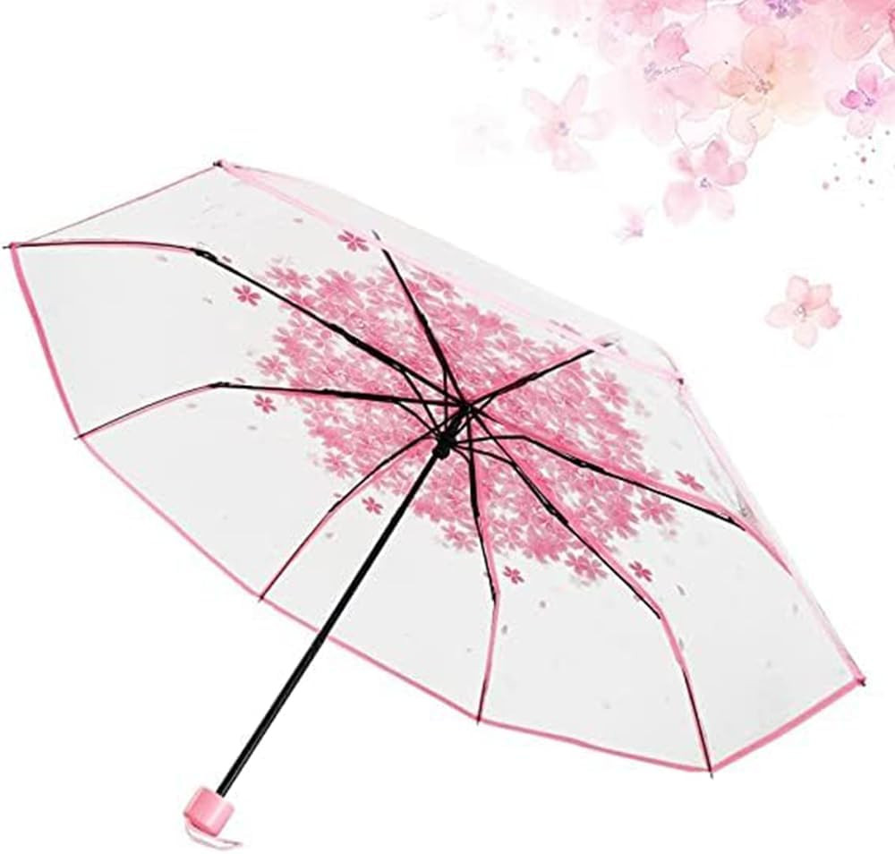 Three Fold Umbrella Women Transparent Clear Cherry Blossom Mushroom Sakura Foldi