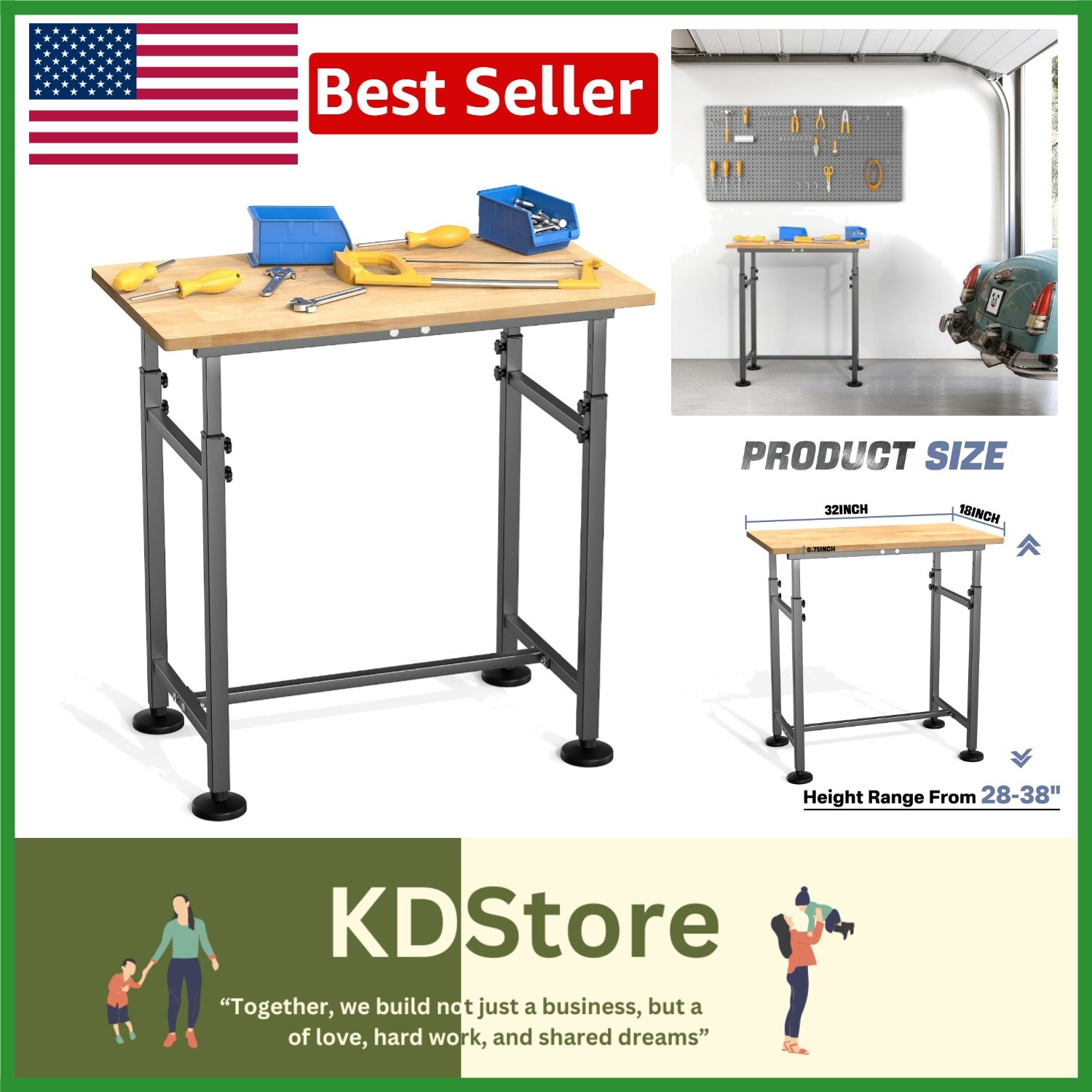 Rubberwood Adjustable Workbench 32" x 18" - Ideal for Garage & Workshop