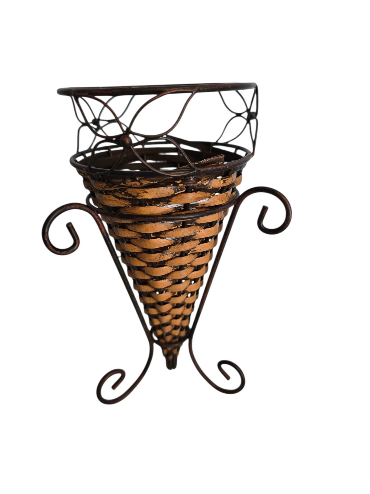 Vintage Metal Rattan Wicker Basket  Vase Cast Iron Holder 8" Tall