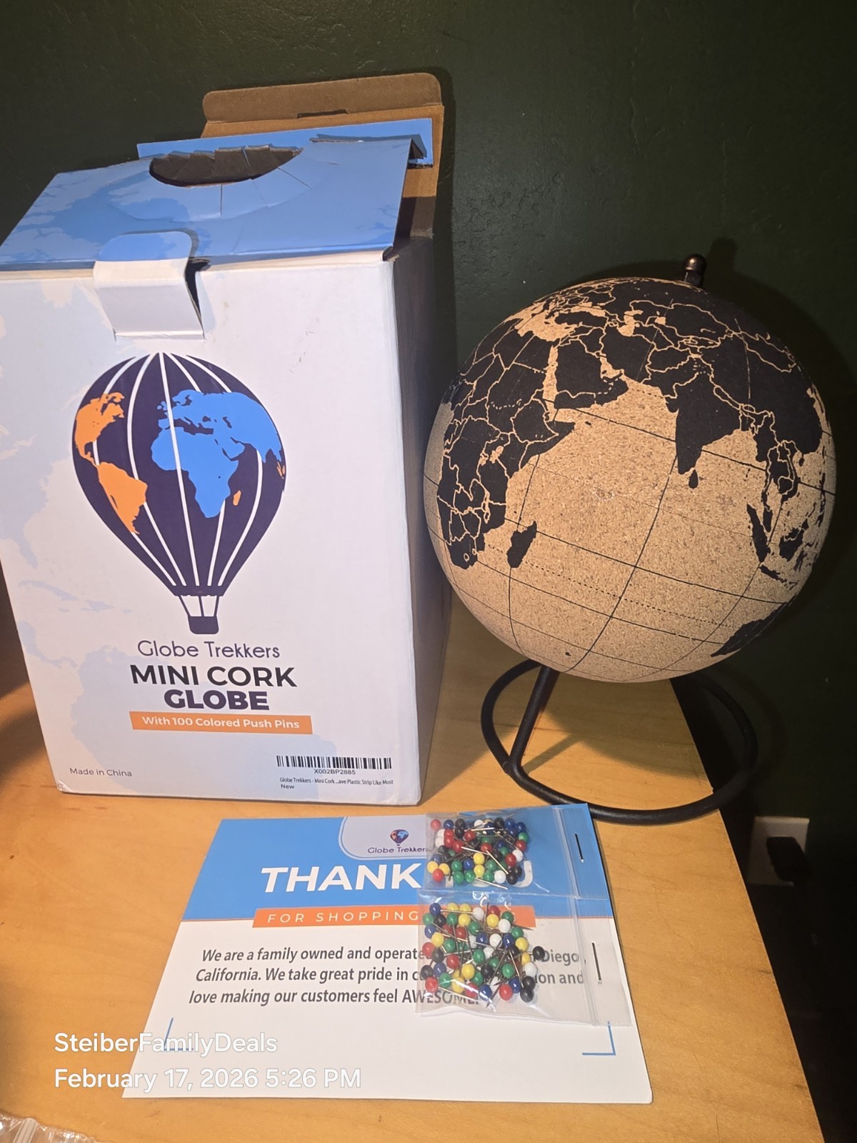 Desk Top Cork Globe Rotating On Stand W/ Push Pins NIB Sealed For Travelers