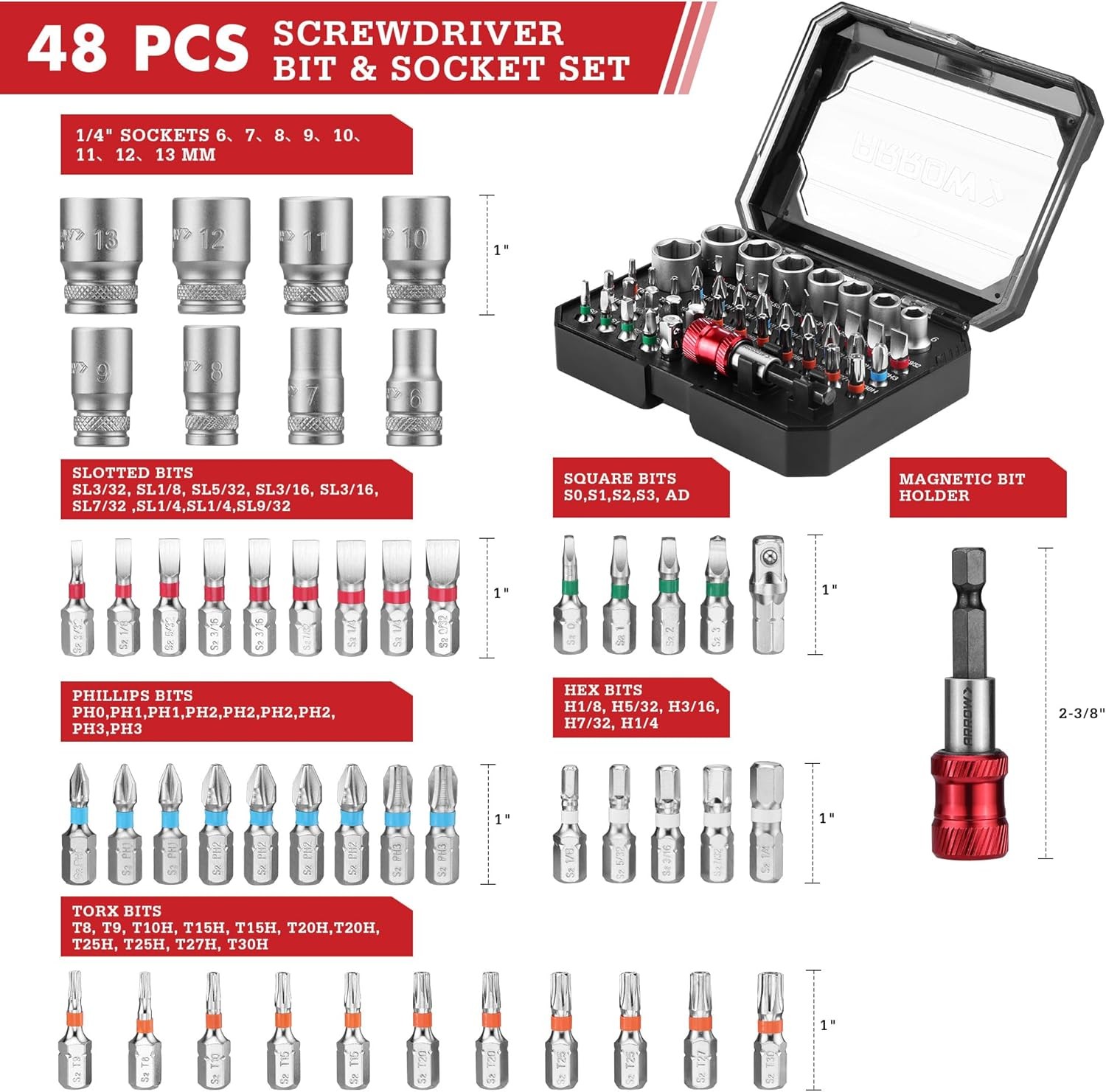 ARROW 48-Piece 1/4" Screwdriver Bit&Socket Set/59-Piece 1/4" Screwdriver Bit Set