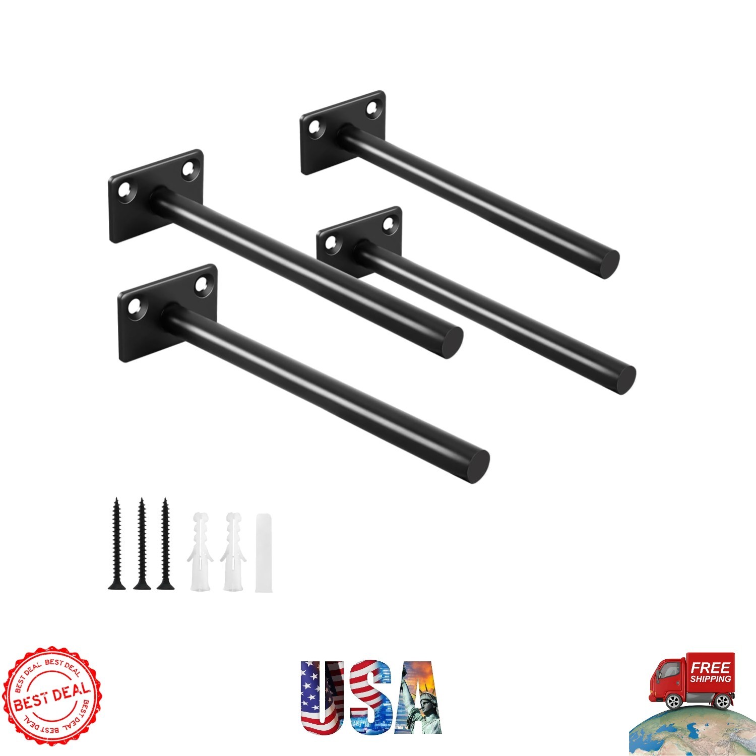 Invisible 6" Floating Shelf Brackets - 4 Pack Black Steel for Elegant Shelving