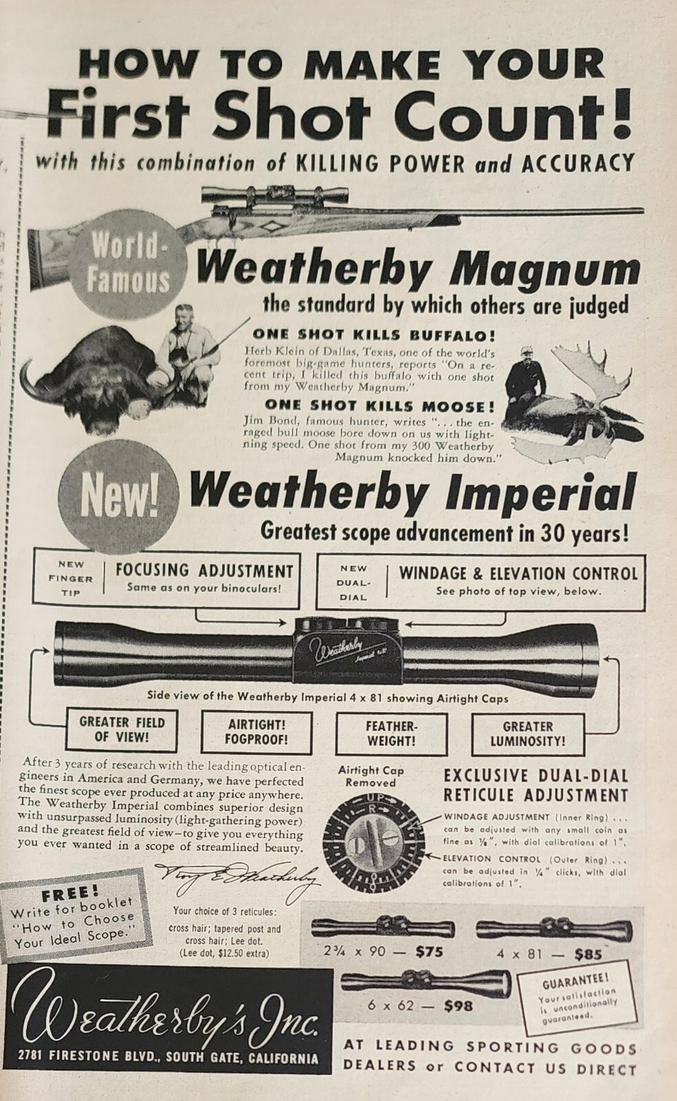 Weatherby Rifle Gun Picture Magazine Ad Make First Shot Count 1954 Decor