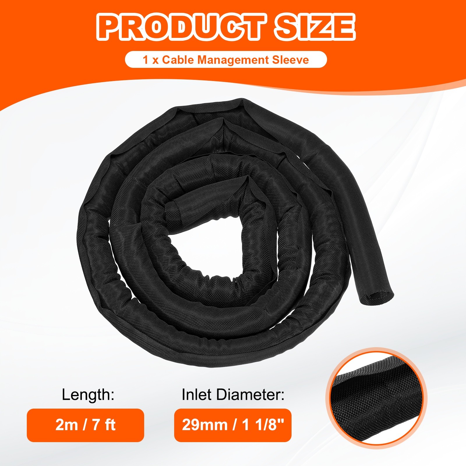 Wire Split Braided Cable Management Sleeve, Black (1 1/8" - 7 Feet)