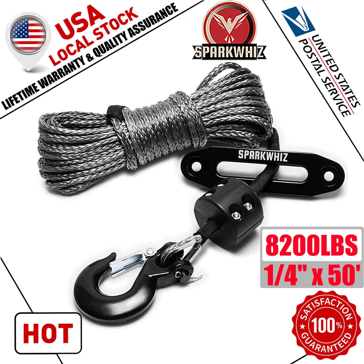 1/4"x50' 8200LBS Synthetic Winch Rope Line Cable Rock Guard Hook Stopper Kit