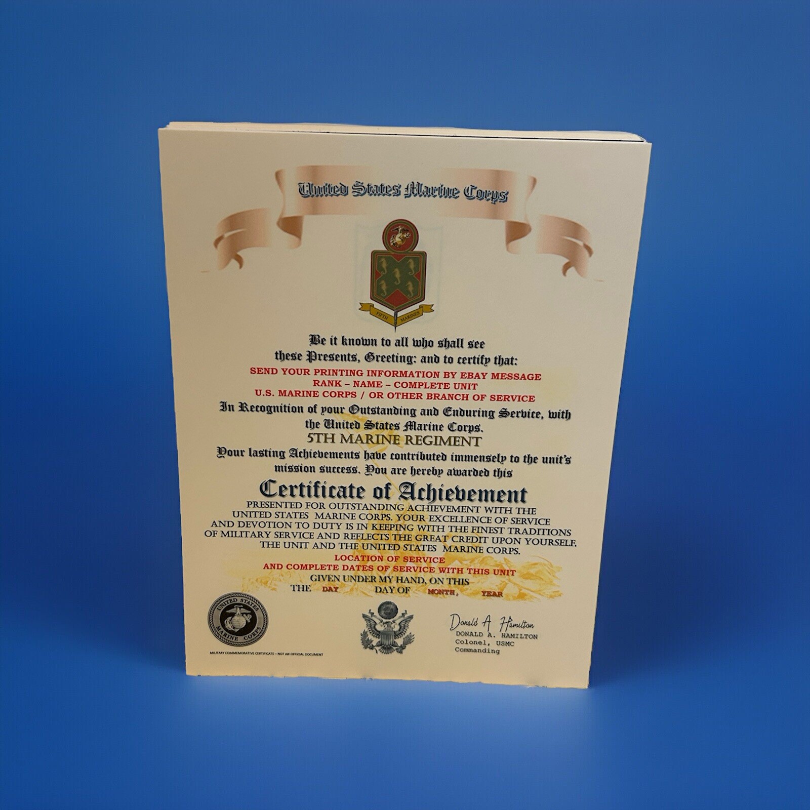 U.S.M.C. / 5TH MARINE REGIMENT - CERTIFICATE OF ACHIEVEMENT