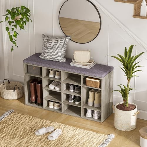 Shoe Storage Bench with Cushion, 16-Cubby Shoe Rack, 16 Cubby Gray Wash