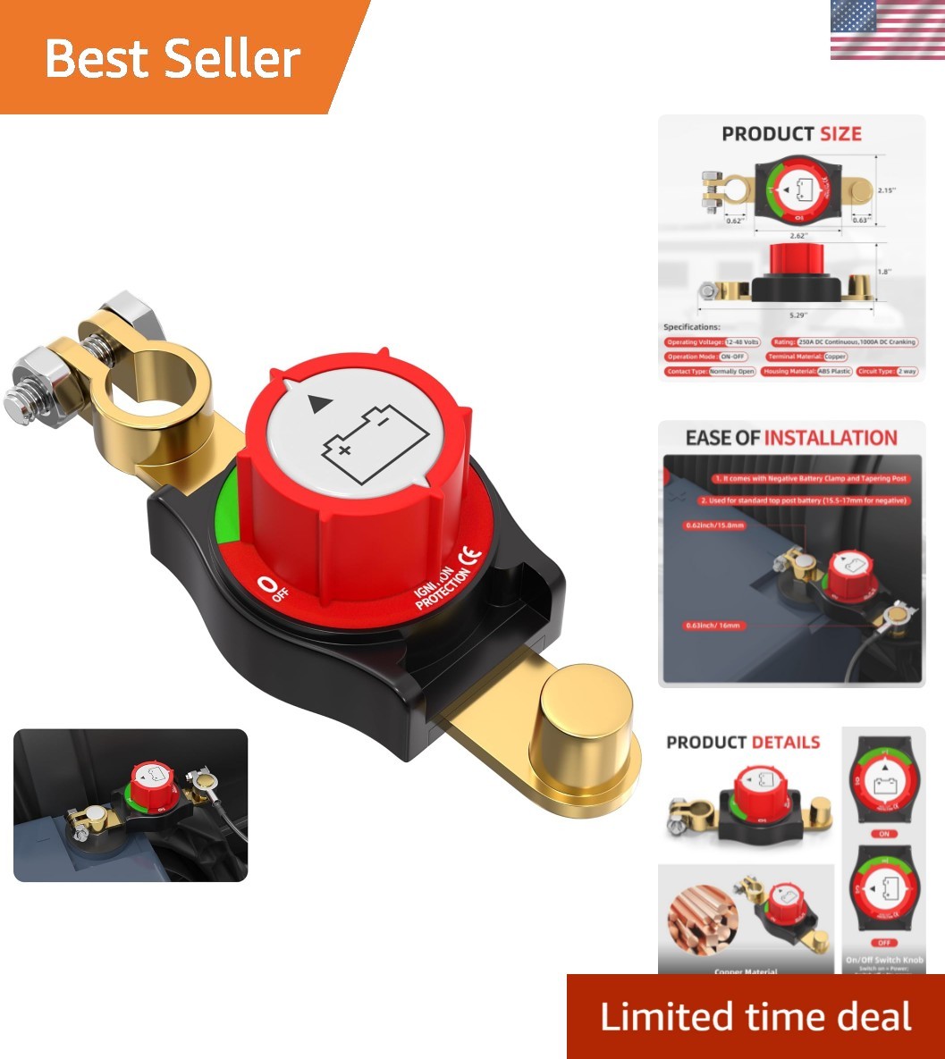 Top Post Battery Disconnect Switch 12V-48V Battery Kill Switch Negative On/Of...