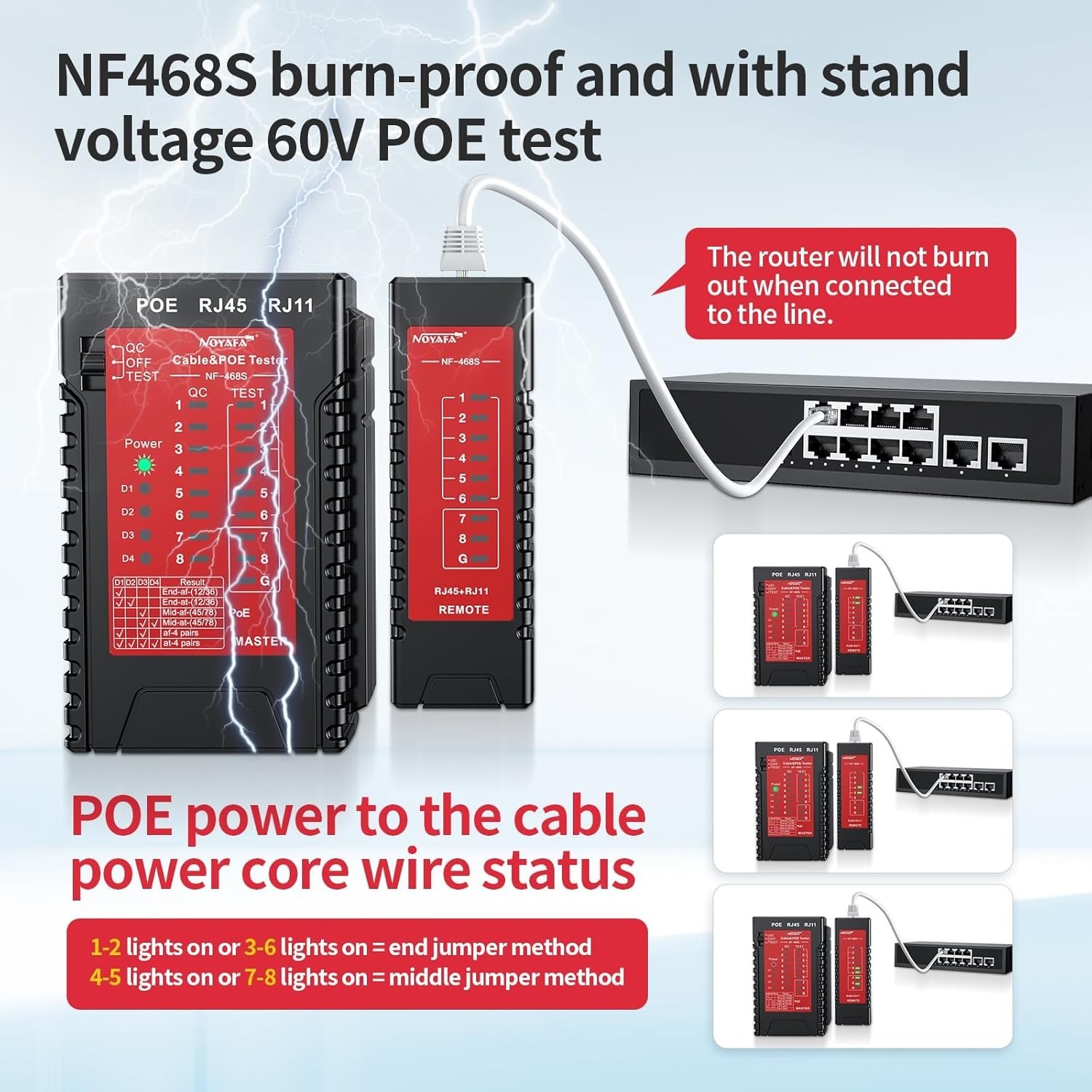 Professional Network Cable Tester for RJ45, RJ11 & PoE | Compact & LED Display