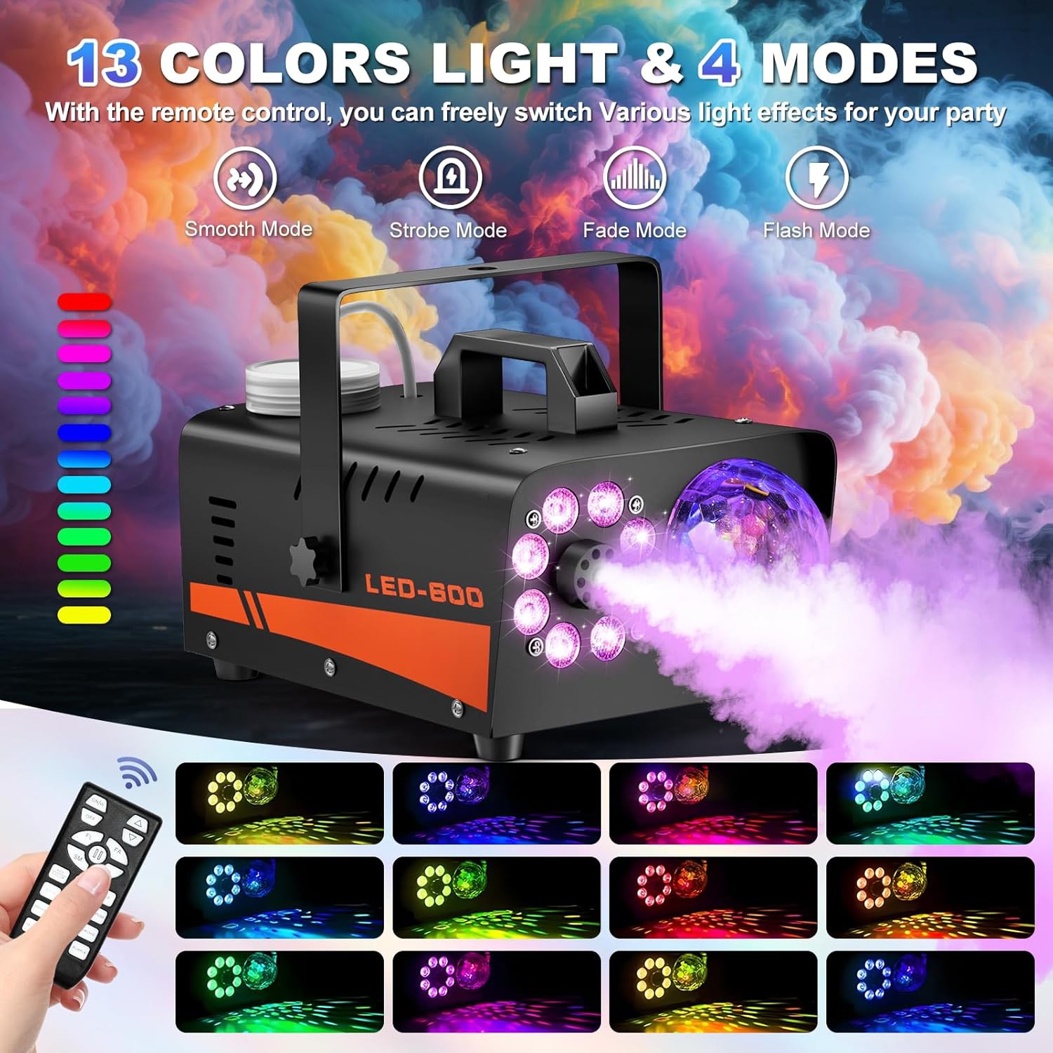 600W Fog Machine Smoke Machine w/ Disco Ball Lights 3000CFM 13-Color LED Effects