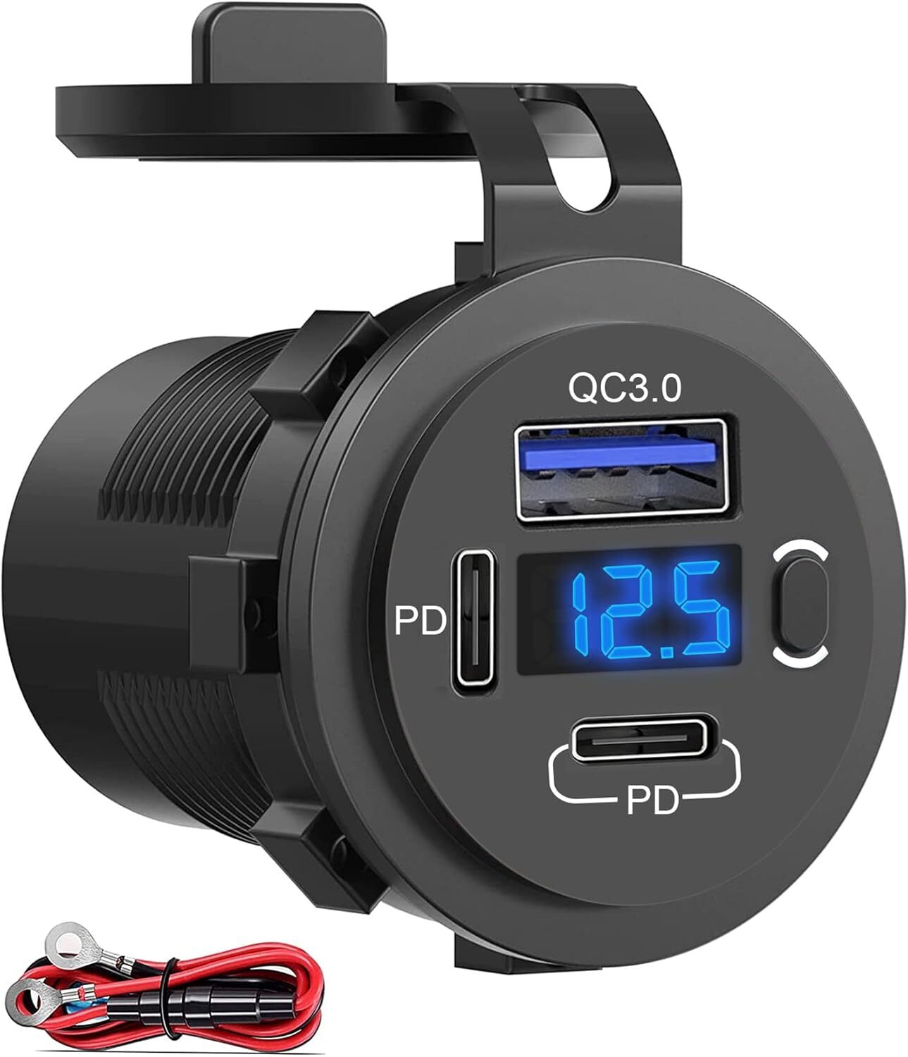 12-24V Dual USB Quick Charge 3.0 Port & PD USB C Car Charger Socket w/ Voltmeter