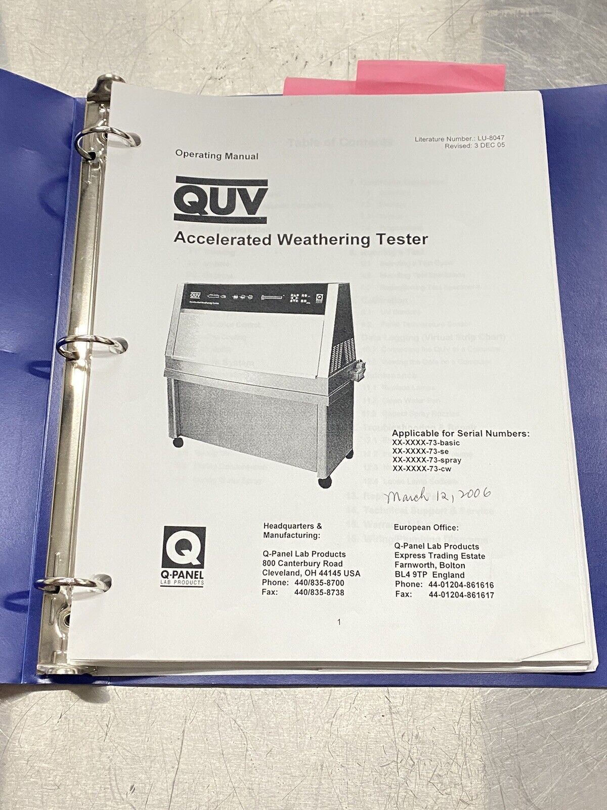 Q-Panel QUV Accelerated Weathering Tester- User Guide / Manual /Instruction Book