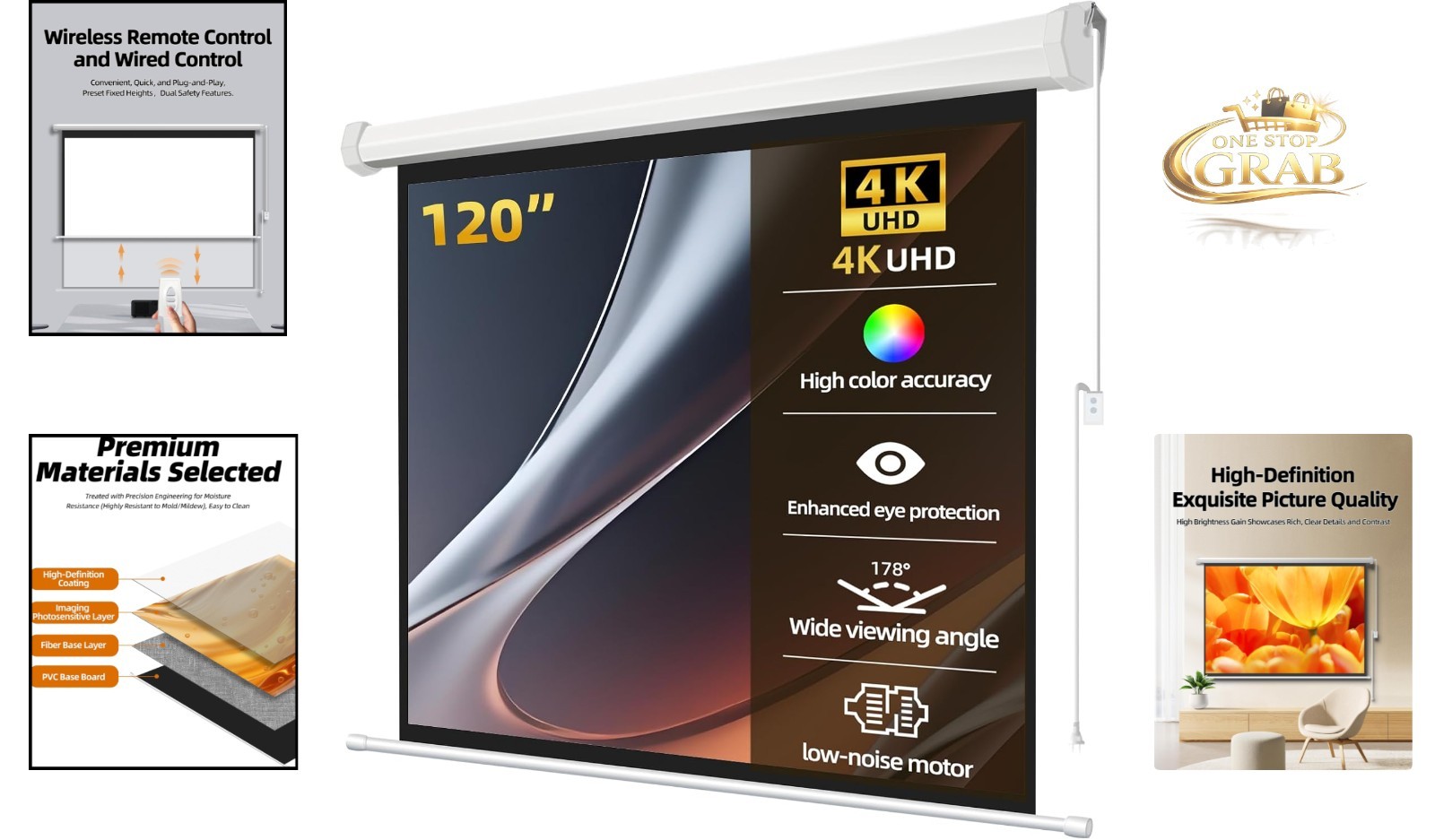 120" Matte White Motorized Projector Screen for UST Long/Standard Throw