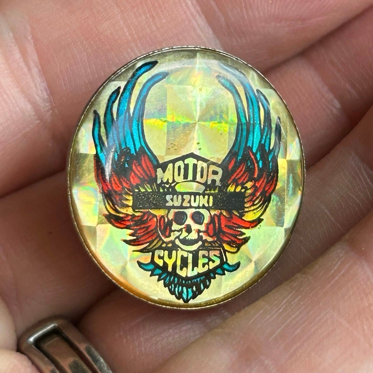 Vintage 1970s Suzuki Motorcycle prism hat pin skull wings