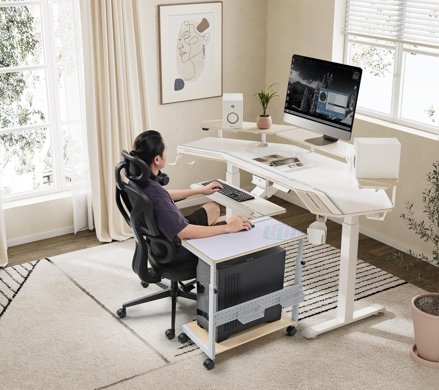 PC Stand Computer Cart, Height Adjustable Tower Stand 2-Tier Suit for ATX Case P