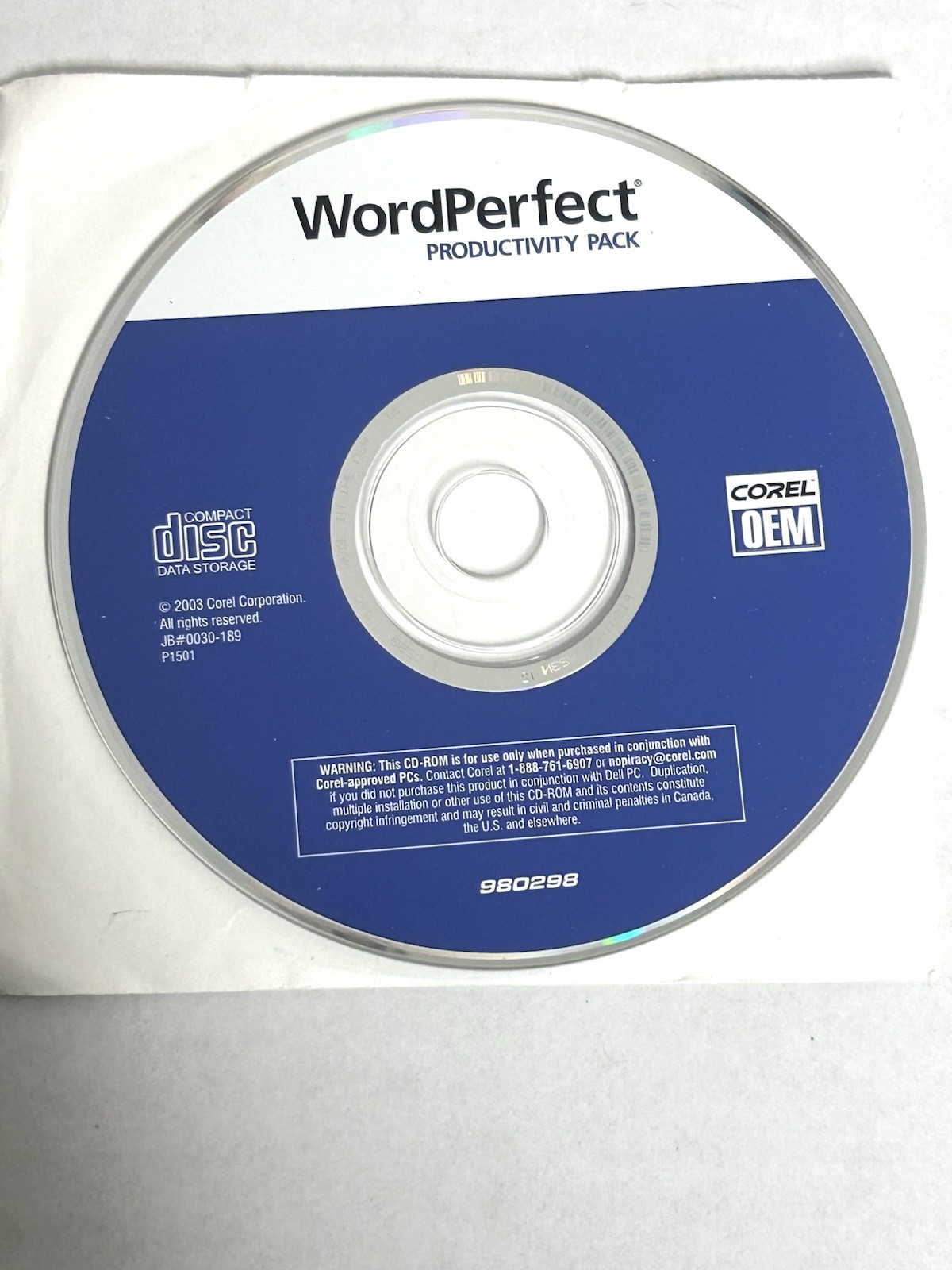 Corel WordPerfect Productivity Pack CD Disc 2003 OEM P/N 980298 (Used)