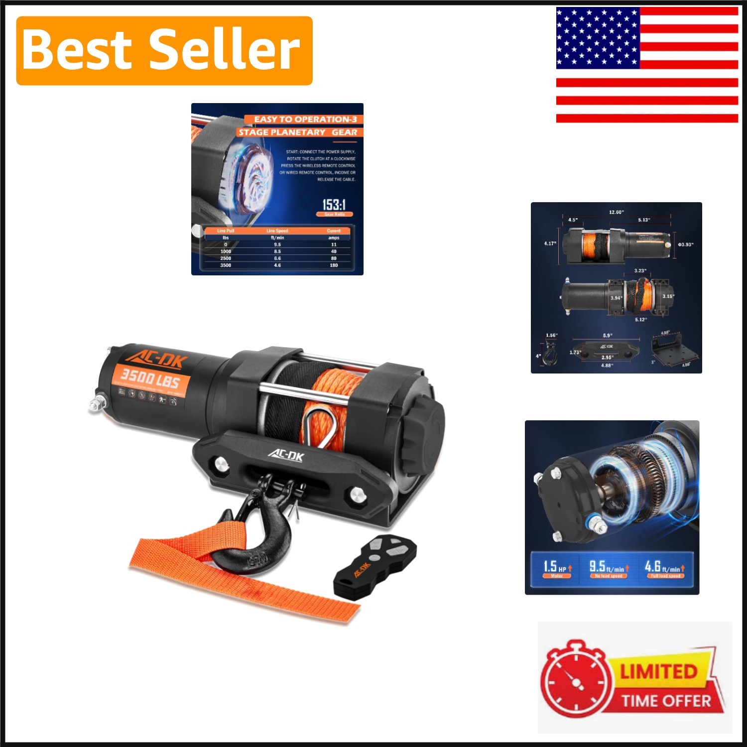 3500 lb ATV/UTV Winch – Efficient Synthetic Rope with Wireless Control