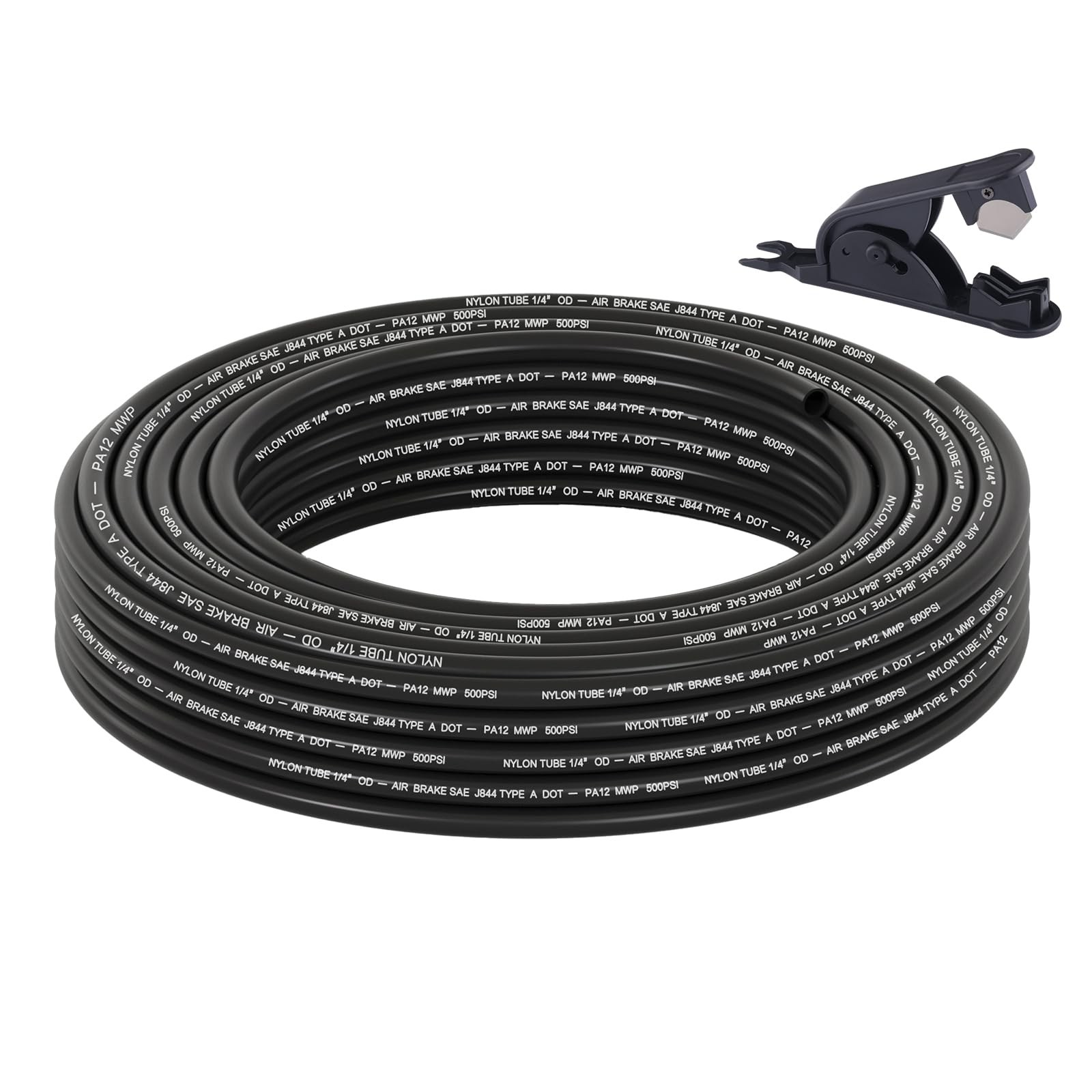 Boeray 35FT 1/4 DOT Air Line SAE J844 PA12 Nylon Hose 1/4" OD 35FT, Black