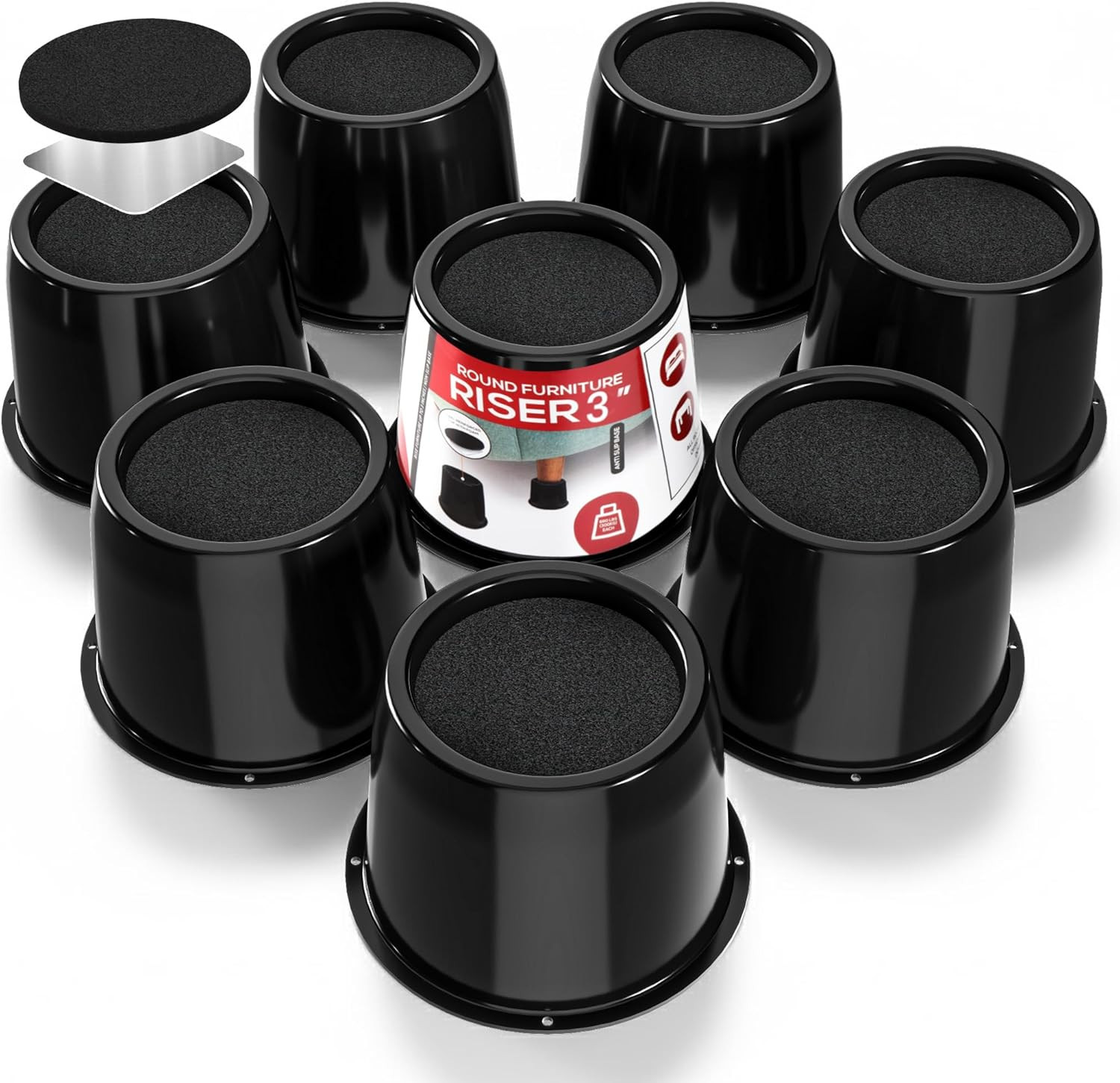 Bed Risers 3 Inch - 8 Pack - round Furniture Risers with Top Anti-Slip Foam with