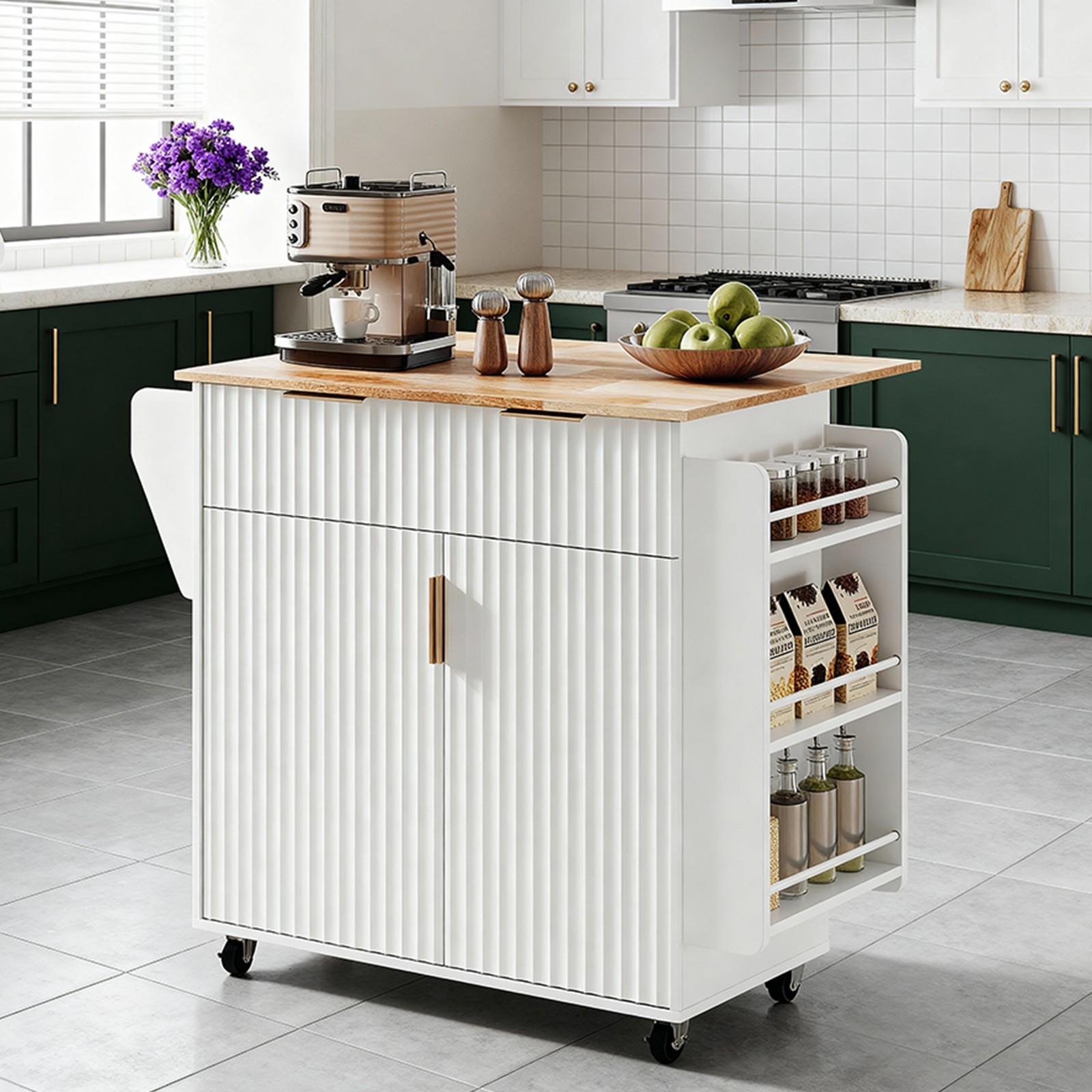 Fluted Kitchen Island Cart Trolley Cart Rolling Storage Cabinet w/ 2 Door White