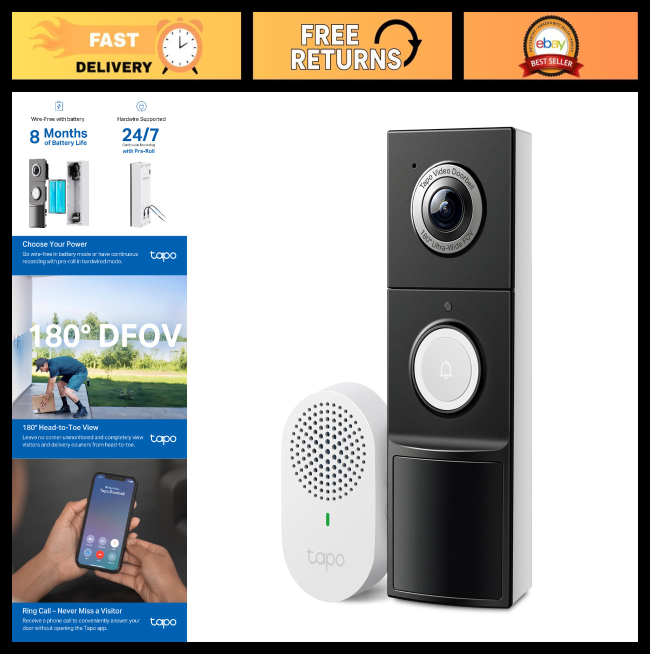 2K+ Smart Video Doorbell - Wired/Battery, 180° View, Motion Detection, 2-Way Aud