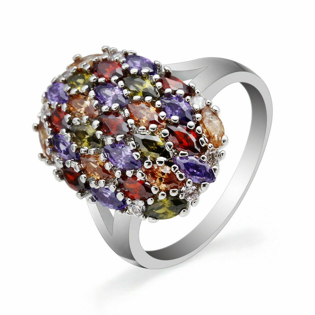 925 Sterling Silver Multicolor Garnet Amethyst Wedding Engagement Ring Size 10.5
