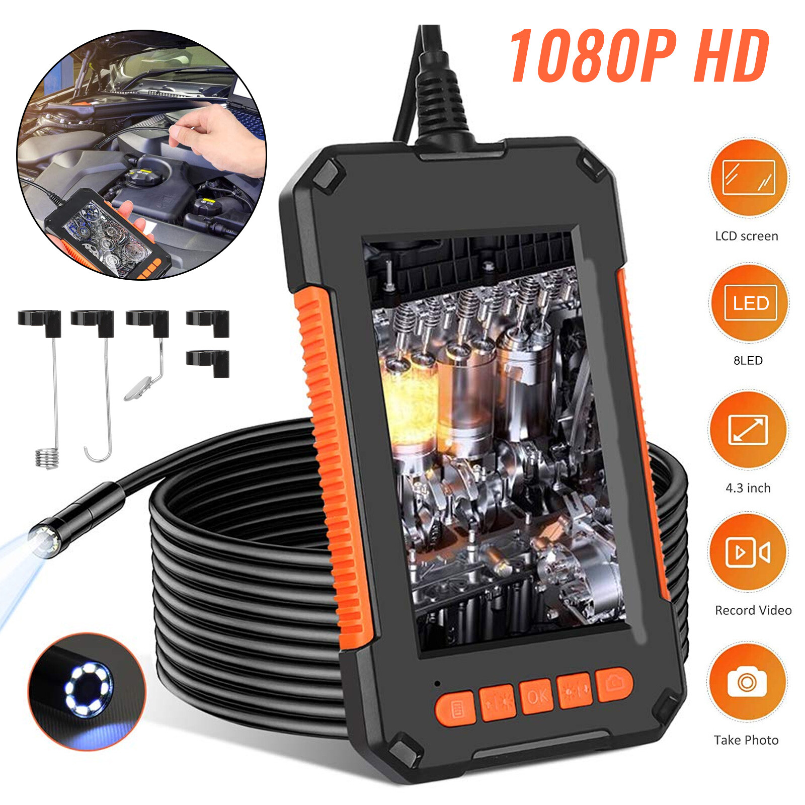 Industrial Endoscope 8mm 1080P 4.3'' Screen Borescope Inspection Camera 10M 8LED