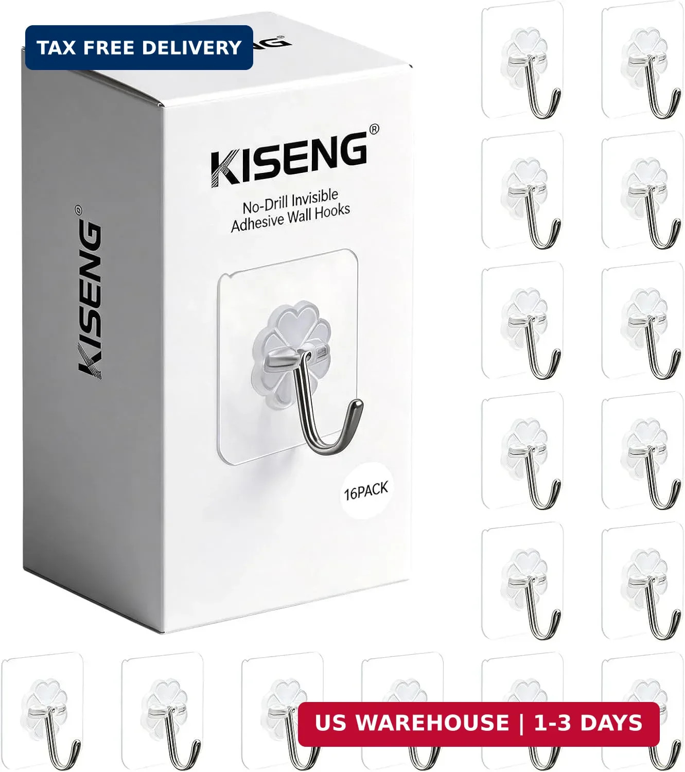 16 Pack Crystal Clear Adhesive Hooks for Hanging, Heavy Duty 22lb | Sticky Hooks