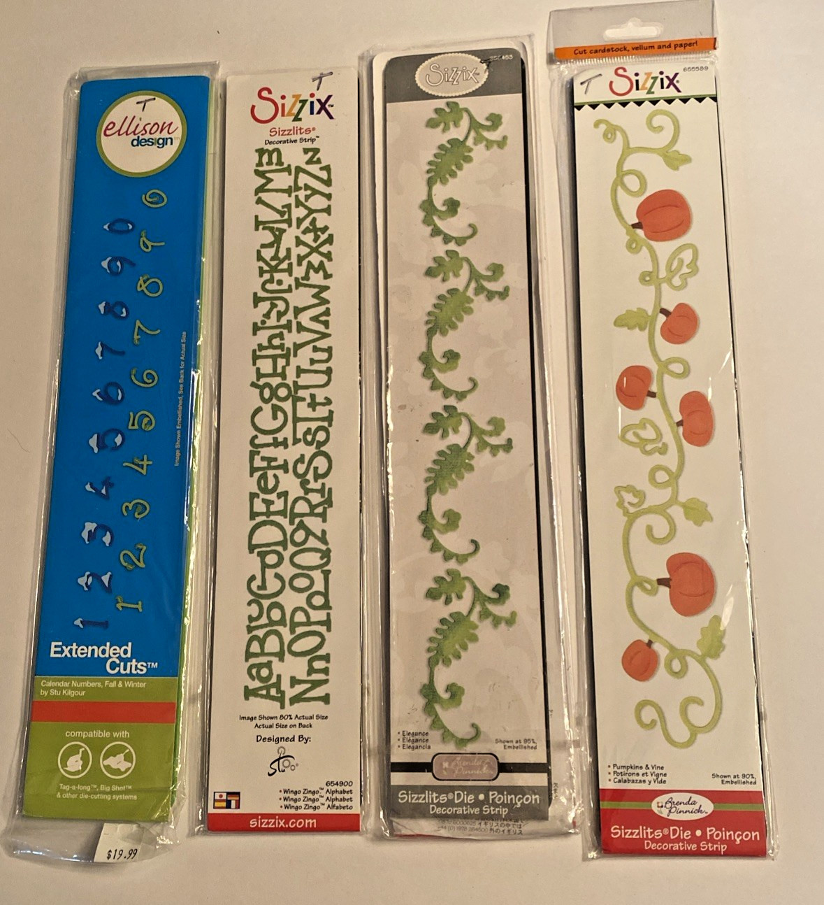 4 Sizzix Sizzlits Decorative Strips Alphabet, Numbers, Elegance, Pumpkins & Vine