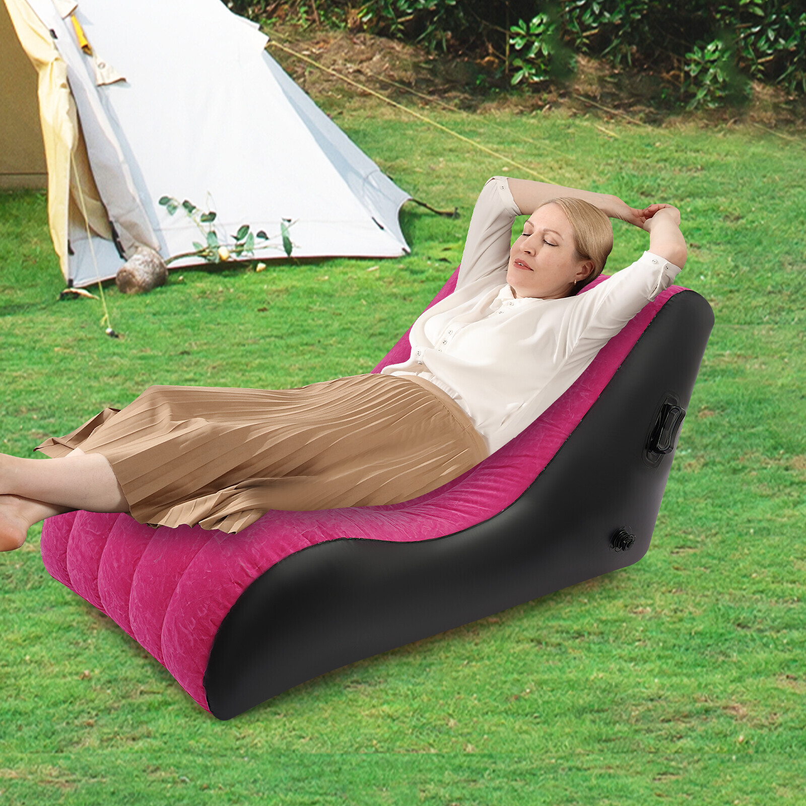 Rose-red PVC Sofa Bed Inflatable Sofa Bed S-shaped Folding Sofa Bed w/Air Pump