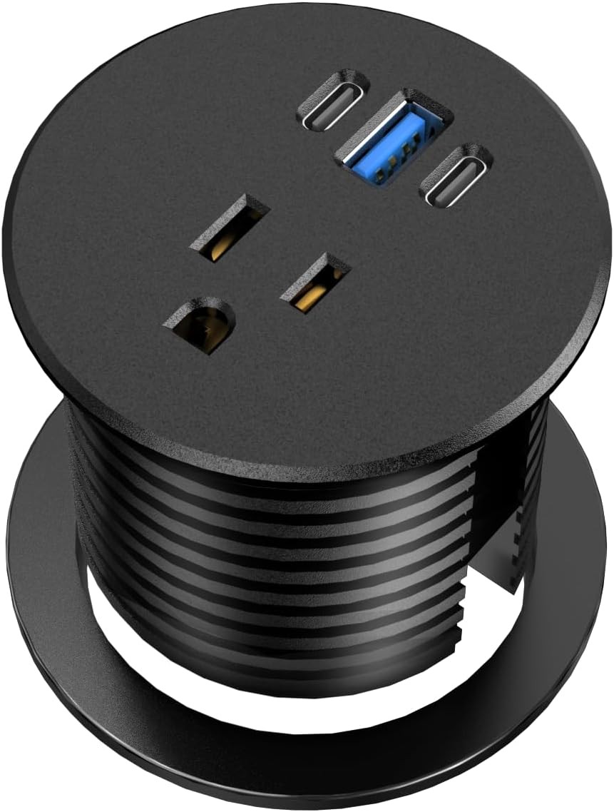 Desk Grommet Power Outlet, 2.5 inch Desktop Recessed Outlet with 6FT, Black