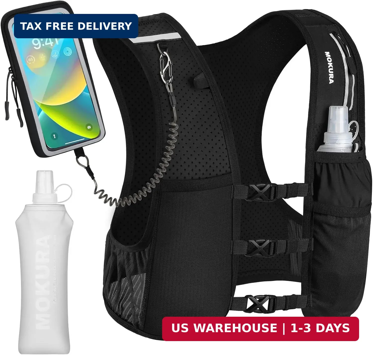 MOKURA Running Vest for Women Men, Lightweight Hydration Vest with 500ML Soft Fl