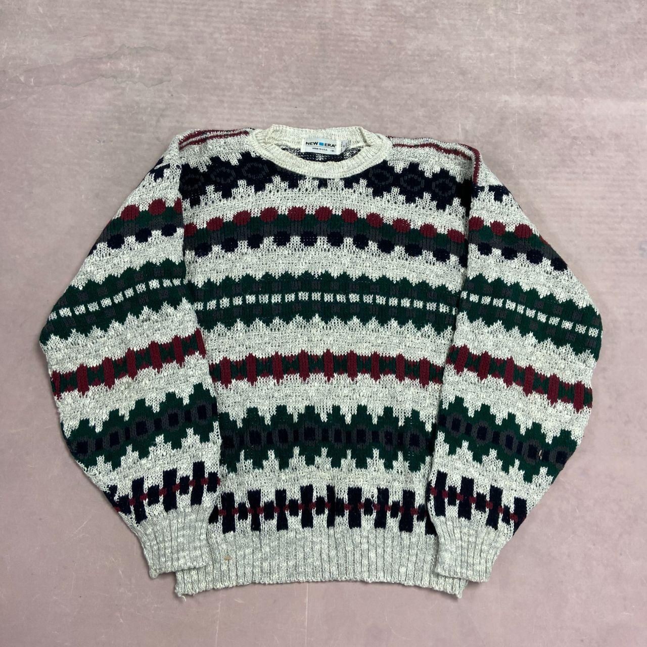 Vintage Abstract Knitted Jumper Patterned Grandad Chunky Knit Sweater Men's M