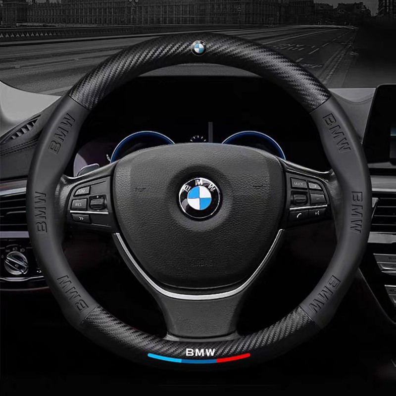 15"/38cm Car Steering Wheel Cover Genuine Leather For BMW Round Steering Wheel