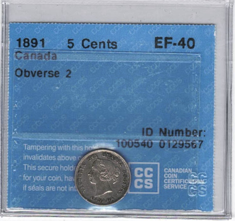 1891 Canada 5 Cents Obverse 2 - CCCS EF40 - 0129567