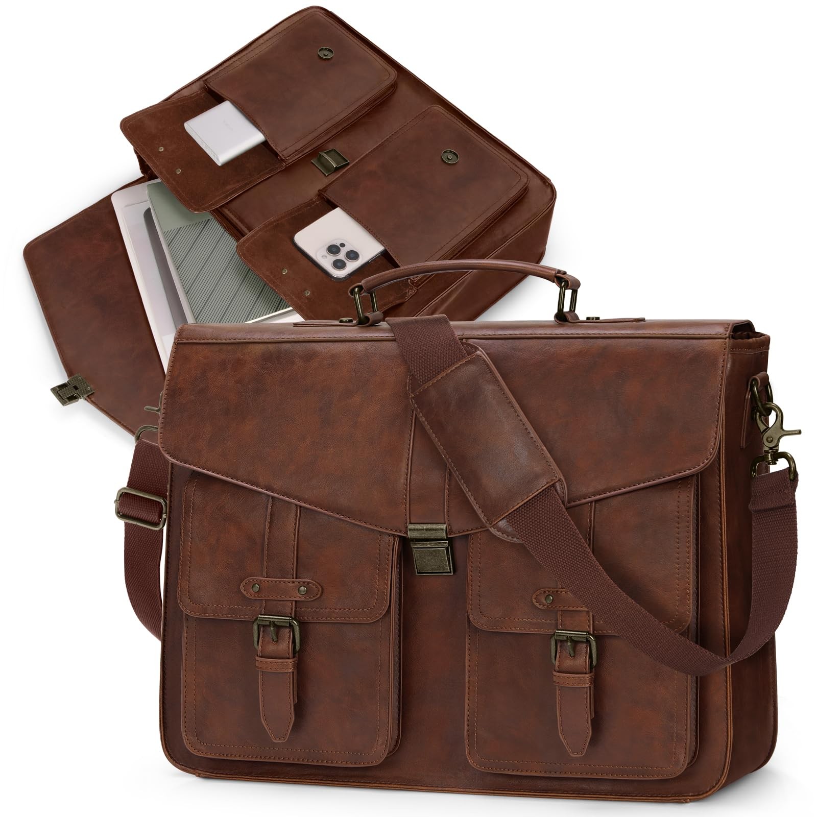 17.3 Inch Men's Messenger Bag, PU Leather Laptop Briefcase Use for Work, Offi...