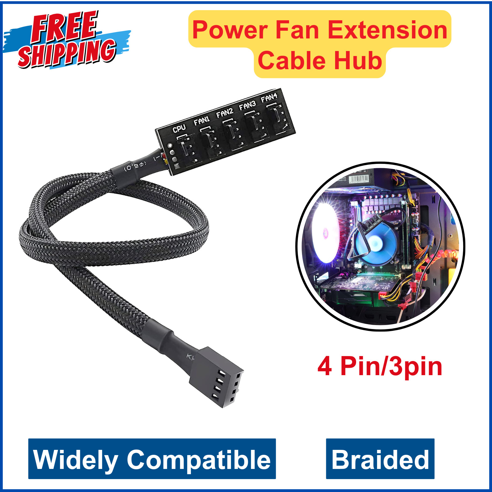 PWM Fan Hub, PC CPU Cooling 4 PIN/3PIN Power Fan Extension Cable Hub Splitter