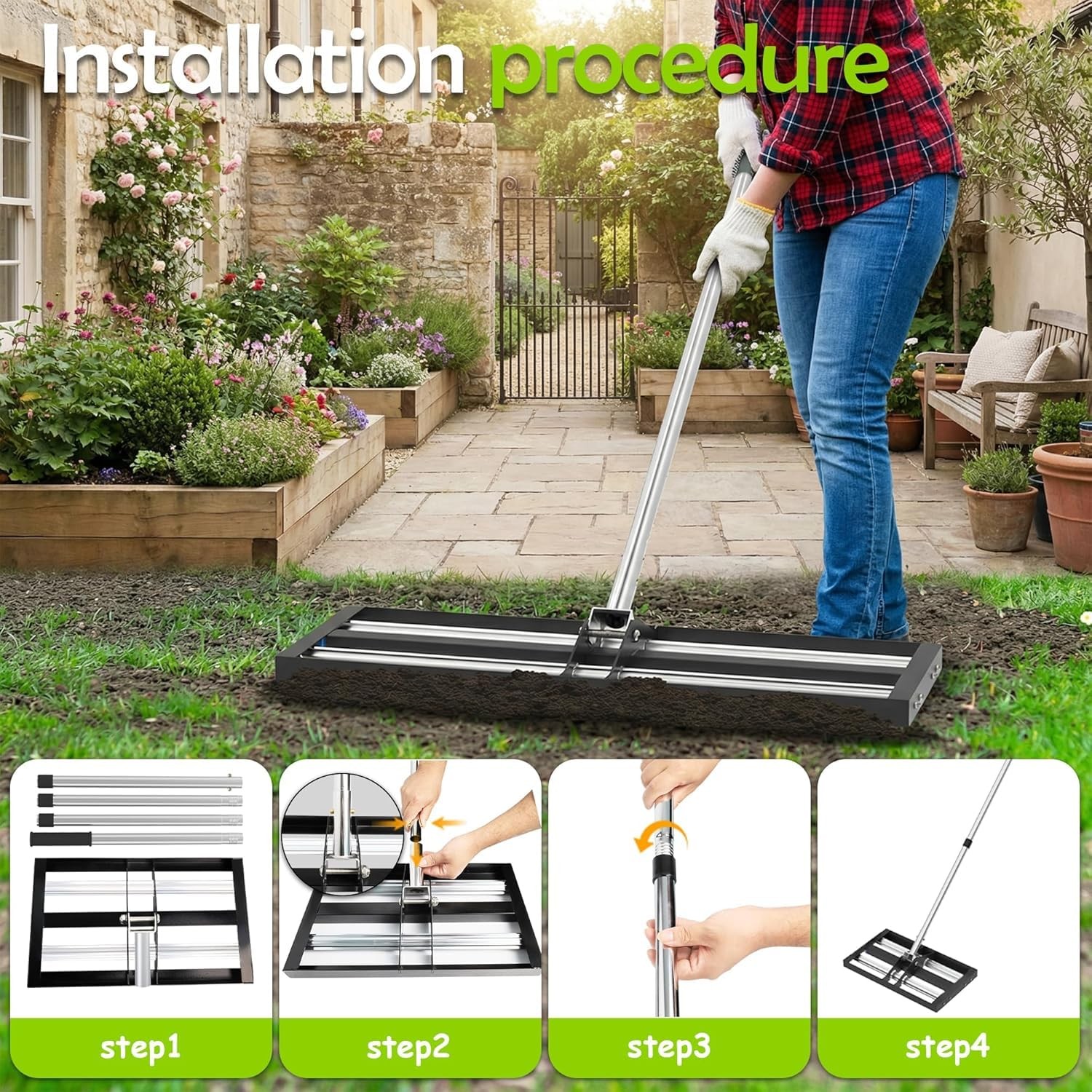 Lawn Leveling Rake 40"x10", Lawn Leveler with Aluminum Rollers, Yard Leveling...